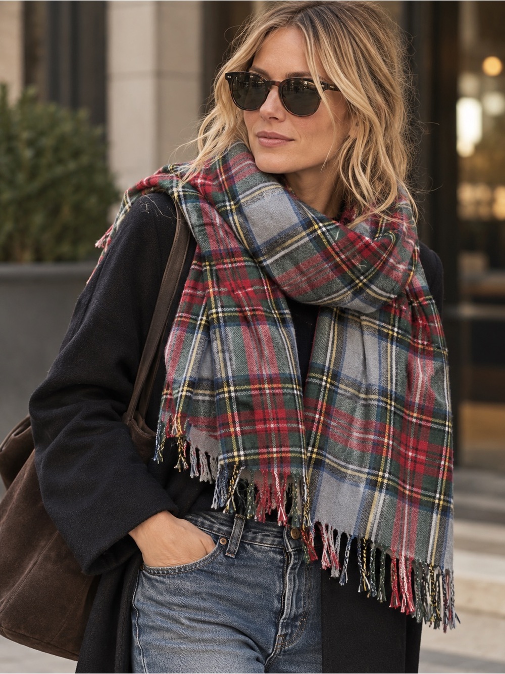 Nido Notte Plaid Scarf in Gray & Red Like New